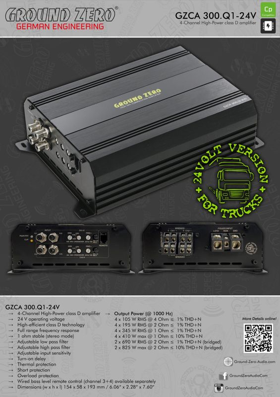 Ground Zero GZCA 300.Q1-24V. 4x 105/195/345W. 1 ohm 